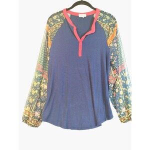 One World Top Women's L Long  Sheer Sleeves Navy Knit Henley Boho Skater VTG